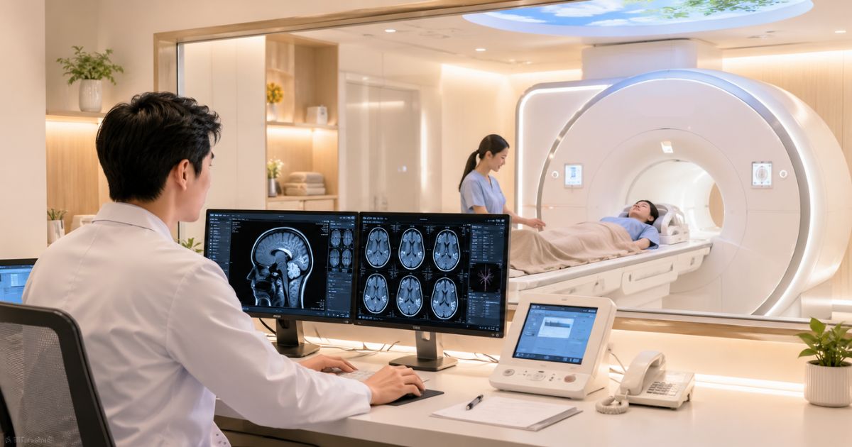 ตรวจ MRI สมอง ตรวจสมองด้วยคลื่นความถี่สูง เพื่ออะไร ขั้นตอน การตรวจ MRI สมอง (Brain MRI) คือเทคโนโลยีการถ่ายภาพโดยใช้สนามแม่เหล็กไฟฟ้าร่วมกับคลื่นวิทยุ สร้างภาพภายในศีรษะและสมองเป็นภาพ 3 มิติ ช่วยประเมินโครงสร้างได้แม่นยำ