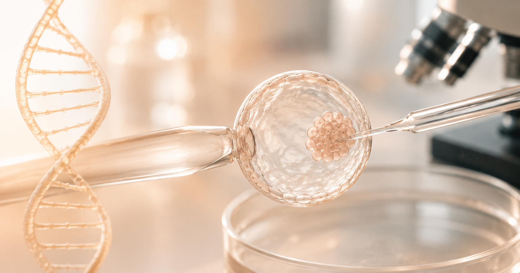 PGT-M ภาพนี้แสดงโครงสร้างตัวอ่อนระยะ blastocyst ได้ครบทั้ง 3 ส่วนหลัก: วงแหวนเซลล์รอบนอก = Trophectoderm (TE), Blastocoel — โพรงของเหลวภายในตัวอ่อน, Inner Cell Mass (ICM)